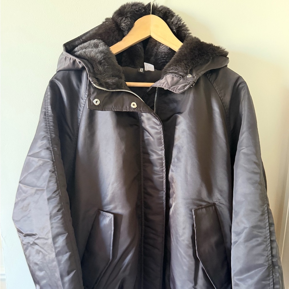 Woman's H&M Black Bomber Jacket with Faux Fur Hood